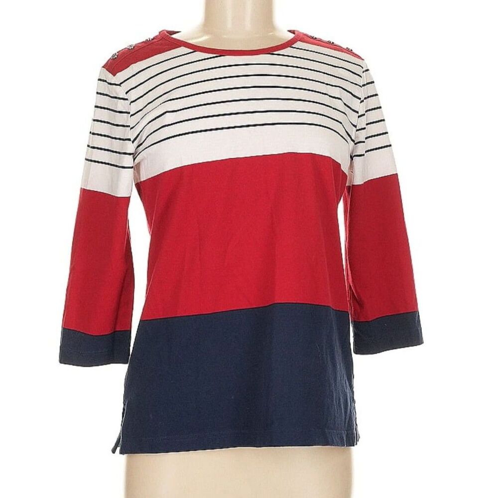 Southern Lady Pullover Red Navy White Colorblock Striped Knit 3/4 Sleeves Top M